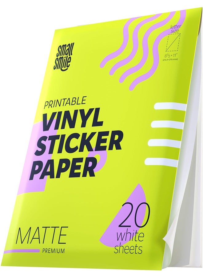 SMALL SMILE Premium Printable Vinyl Sticker Paper for Inkjet Printer and Laser - 20 White Matte Sticker Paper Waterproof - Durability Adhesive Paper 8.5 x 11, Fast Dry, Holds Ink Well, Great for Cutting Machines - Image 1