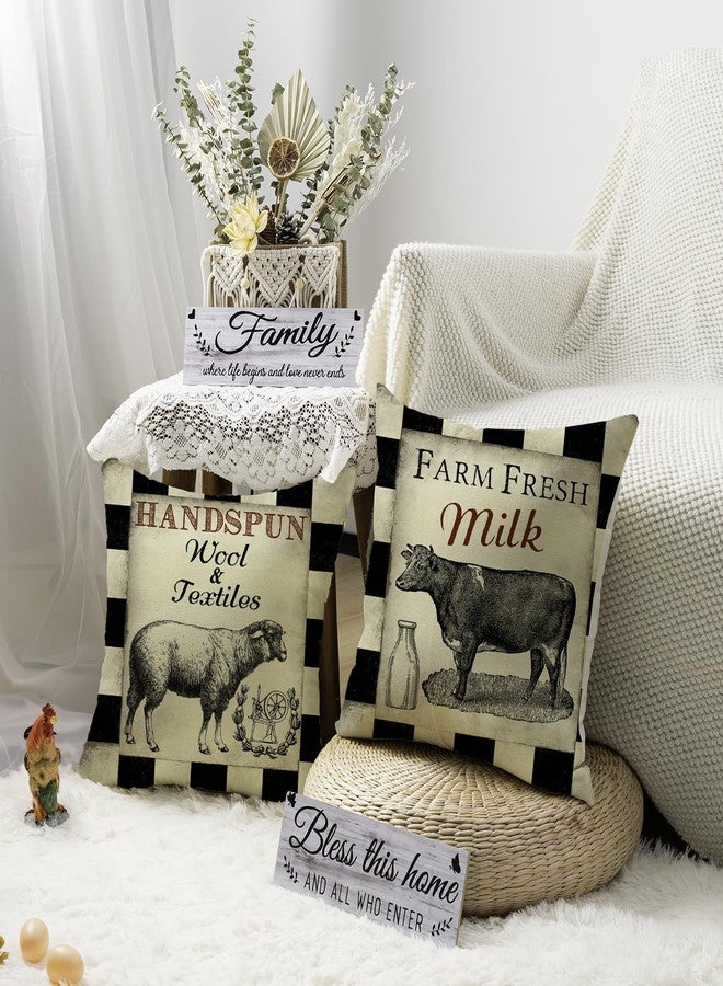 Faromily Vintage Farmhouse Animal Pillow Covers Black Buffalo Plaids Country Animal Farm Rooster Pig Cow Cotton Linen Throw Pillow Case Cushion Cover 18" X 18" Set of 4 Farmhouse Decorations (Black) - Image 4