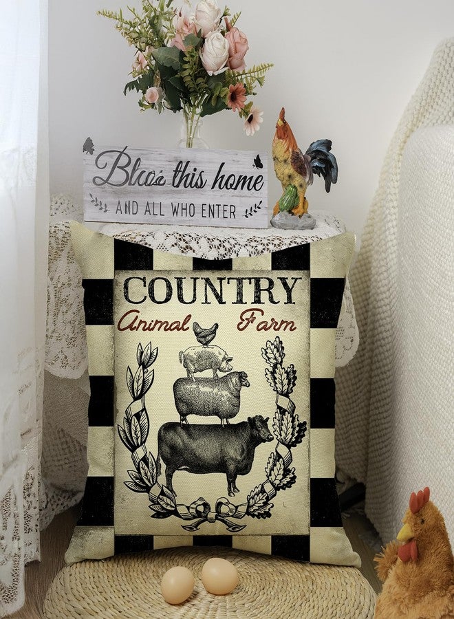 Faromily Vintage Farmhouse Animal Pillow Covers Black Buffalo Plaids Country Animal Farm Rooster Pig Cow Cotton Linen Throw Pillow Case Cushion Cover 18" X 18" Set of 4 Farmhouse Decorations (Black) - Image 5