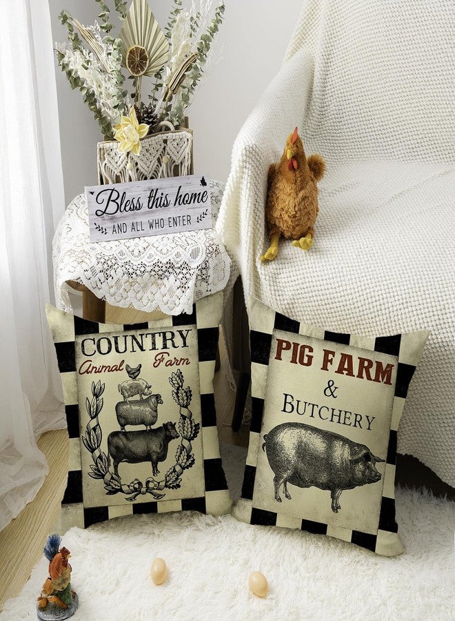 Faromily Vintage Farmhouse Animal Pillow Covers Black Buffalo Plaids Country Animal Farm Rooster Pig Cow Cotton Linen Throw Pillow Case Cushion Cover 18" X 18" Set of 4 Farmhouse Decorations (Black) - Image 2