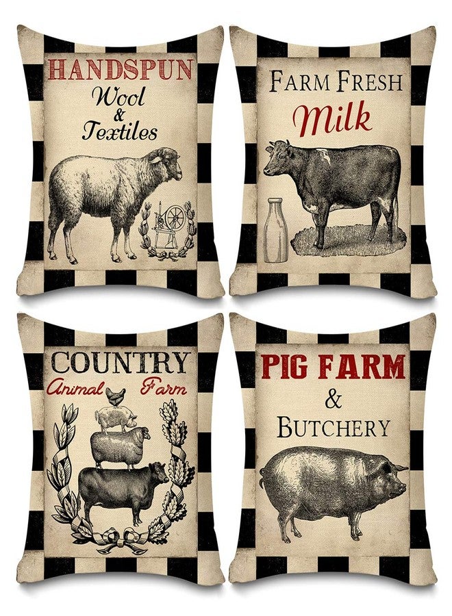 Faromily Vintage Farmhouse Animal Pillow Covers Black Buffalo Plaids Country Animal Farm Rooster Pig Cow Cotton Linen Throw Pillow Case Cushion Cover 18" X 18" Set of 4 Farmhouse Decorations (Black) - Image 1