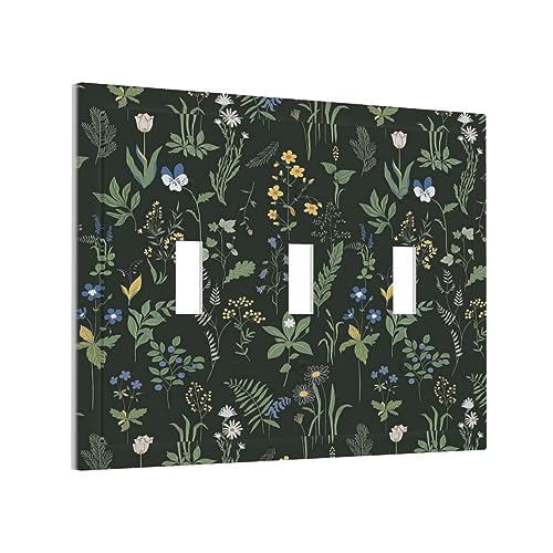 Yamxbfa Boho Floral Vintage Dark Green Background 3 Gang Light Switch Plate Decorative Triple Toggle Wall Plate Cover Electrical Faceplate for Home LivingRoom Bedroom Art Panel Decor 67 X 48 - Image 1