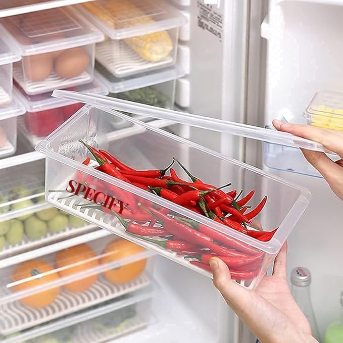 SPECIFY Fridge Storage Boxes Pack of 6 Fridge Organizer with Removable Drain Plate Fridge Storage Containers Keeps Fruits Vegetables Meat Fish Fresh Longer 1500 ML Container Box - Image 1