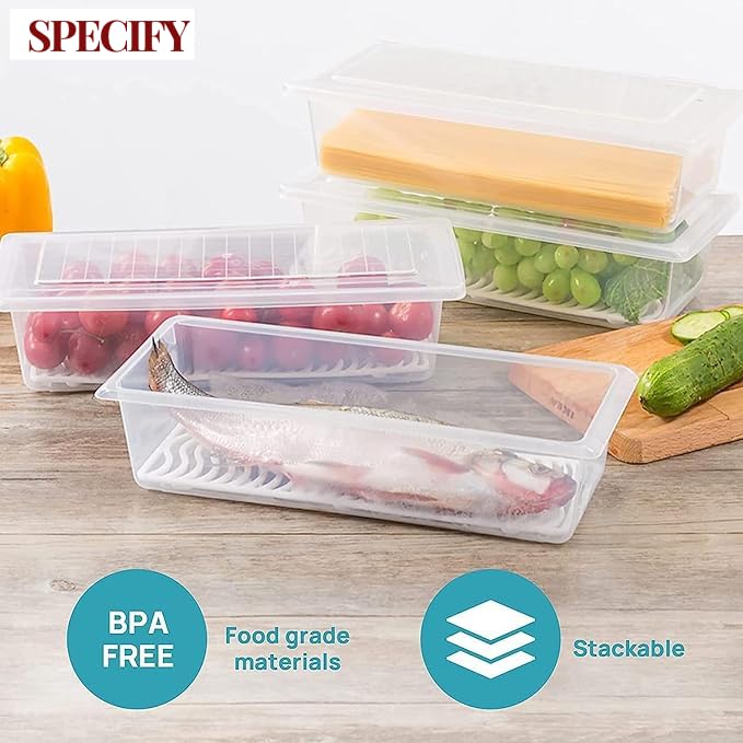 SPECIFY Fridge Storage Boxes Pack of 6 Fridge Organizer with Removable Drain Plate Fridge Storage Containers Keeps Fruits Vegetables Meat Fish Fresh Longer 1500 ML Container Box - Image 3