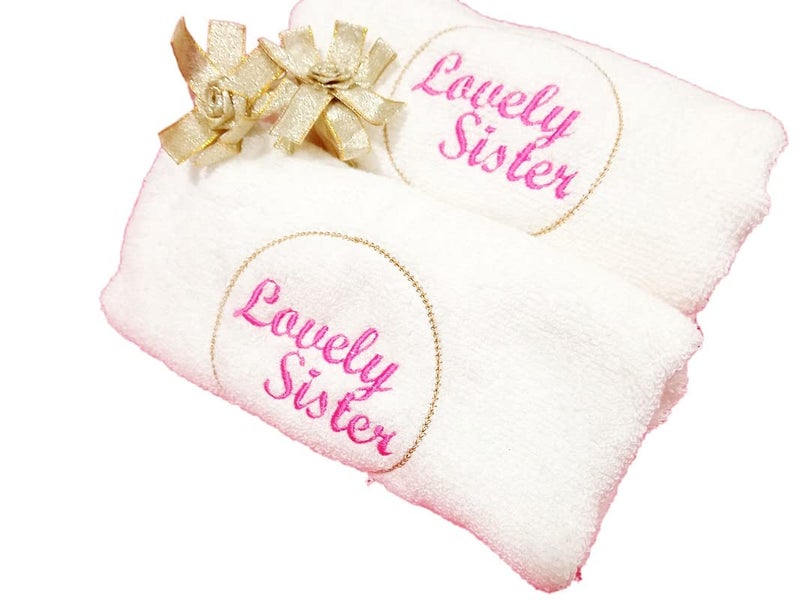Mrunals Fashion Gift for Brother Sister Message Written by Embroidery on Hand Towel 150 GSM Pack of 2 White Towel Lovely Sister - Image 1