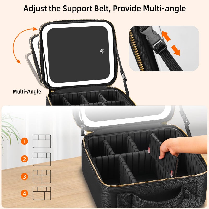 RRtide Travel Makeup Bag with Mirror of LED Lighted, Makeup Train Case with Adjustable Dividers, Makeup Case with Mirror and Detachable 10x Magnifying Mirror - Image 5