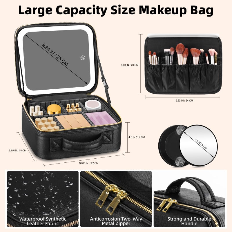 RRtide Travel Makeup Bag with Mirror of LED Lighted, Makeup Train Case with Adjustable Dividers, Makeup Case with Mirror and Detachable 10x Magnifying Mirror - Image 2