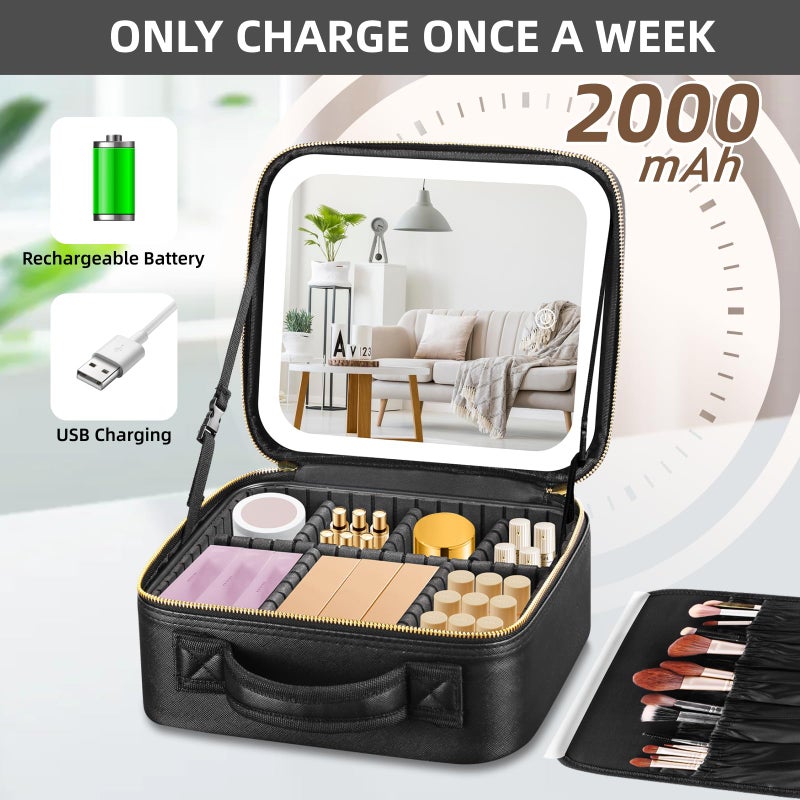 RRtide Travel Makeup Bag with Mirror of LED Lighted, Makeup Train Case with Adjustable Dividers, Makeup Case with Mirror and Detachable 10x Magnifying Mirror - Image 4