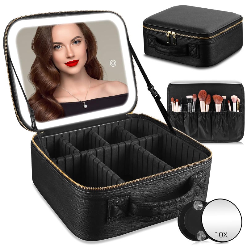 RRtide Travel Makeup Bag with Mirror of LED Lighted, Makeup Train Case with Adjustable Dividers, Makeup Case with Mirror and Detachable 10x Magnifying Mirror - Image 1
