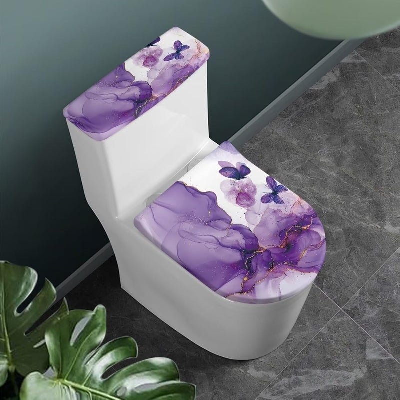 Vanideaoty Purple Marble Toilet Seat and Tank Lid Covers for Bathroom Decor 2 Set Round Oval Butterfly Toilet Lid Tank Cover Set - Image 2