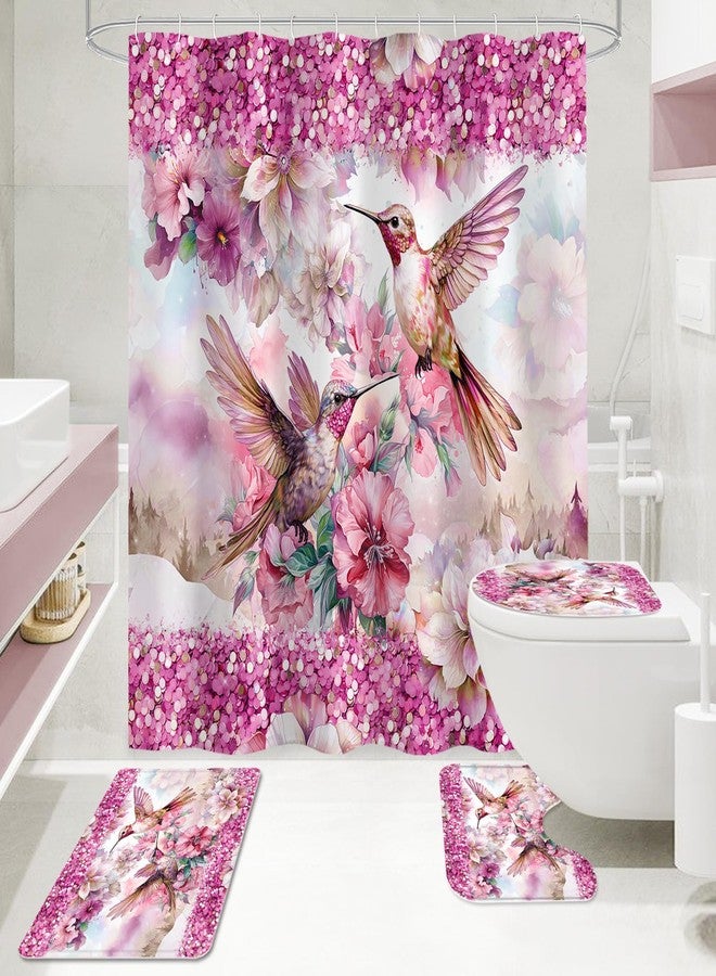 Litabel 4 Pcs Pink Hummingbird Flower Shower Curtain Set with Rugs for Bathroom Decor, Rustic Floral Bathroom Sets with Shower Curtain and Rugs, Bathroom Curtain Set with Mats (Hooks Not Included) - Image 2