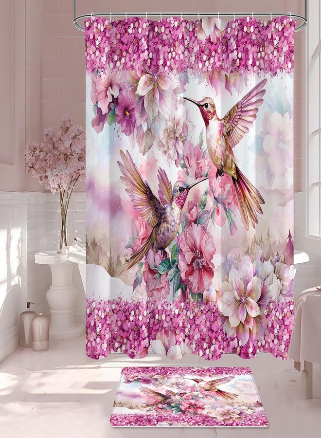 Litabel 4 Pcs Pink Hummingbird Flower Shower Curtain Set with Rugs for Bathroom Decor, Rustic Floral Bathroom Sets with Shower Curtain and Rugs, Bathroom Curtain Set with Mats (Hooks Not Included) - Image 3