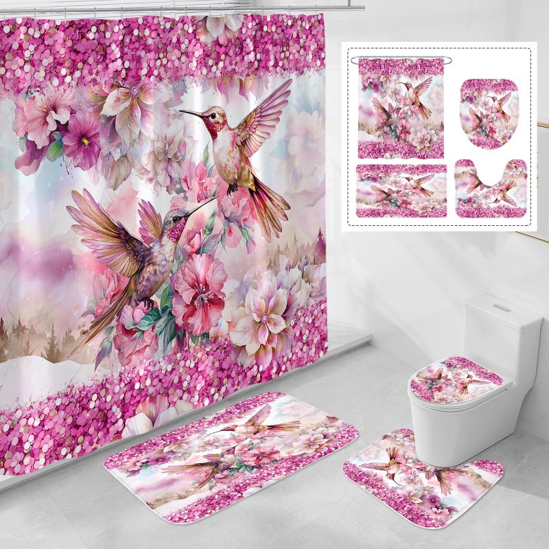 Litabel 4 Pcs Pink Hummingbird Flower Shower Curtain Set with Rugs for Bathroom Decor, Rustic Floral Bathroom Sets with Shower Curtain and Rugs, Bathroom Curtain Set with Mats (Hooks Not Included) - Image 1