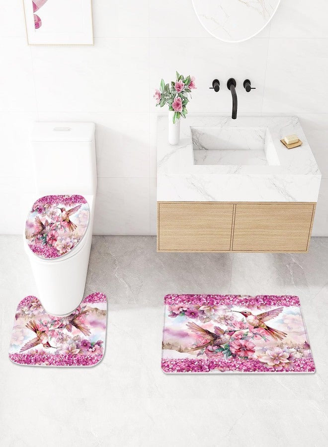 Litabel 4 Pcs Pink Hummingbird Flower Shower Curtain Set with Rugs for Bathroom Decor, Rustic Floral Bathroom Sets with Shower Curtain and Rugs, Bathroom Curtain Set with Mats (Hooks Not Included) - Image 4
