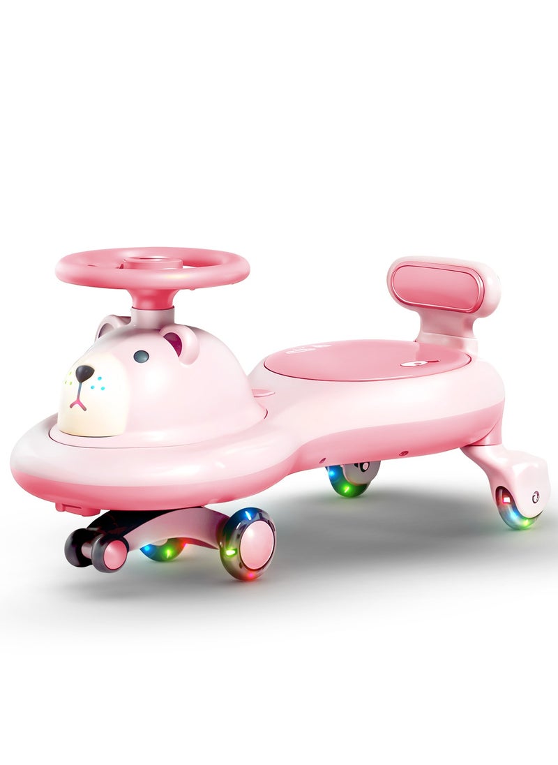 BAYBEE Lion Baby Swing Car for Kids, Ride on Car for Kids with Light & Music | Twisting Magic Car for Kids Children with Led Pu Wheels | Kids Car for Baby | Ride on Car for Kids 3 to 8 Years Boy Girl Pink  - Image 1