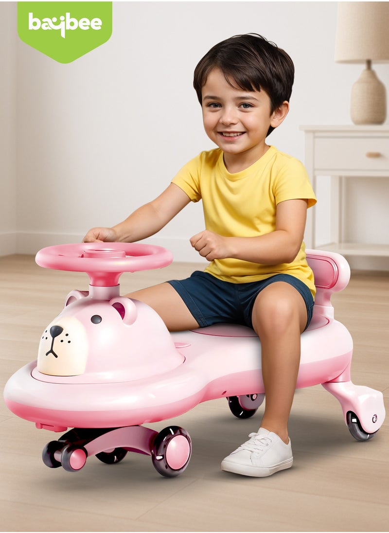 BAYBEE Lion Baby Swing Car for Kids, Ride on Car for Kids with Light & Music | Twisting Magic Car for Kids Children with Led Pu Wheels | Kids Car for Baby | Ride on Car for Kids 3 to 8 Years Boy Girl Pink  - Image 2