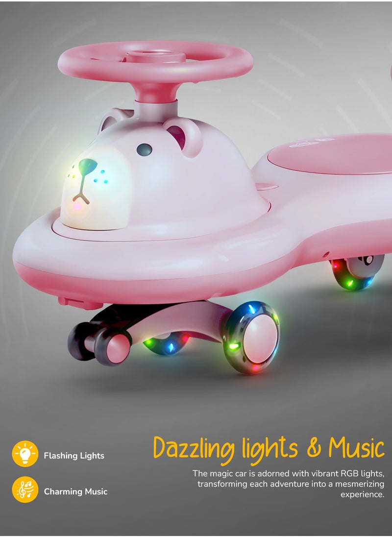 BAYBEE Lion Baby Swing Car for Kids, Ride on Car for Kids with Light & Music | Twisting Magic Car for Kids Children with Led Pu Wheels | Kids Car for Baby | Ride on Car for Kids 3 to 8 Years Boy Girl Pink  - Image 4