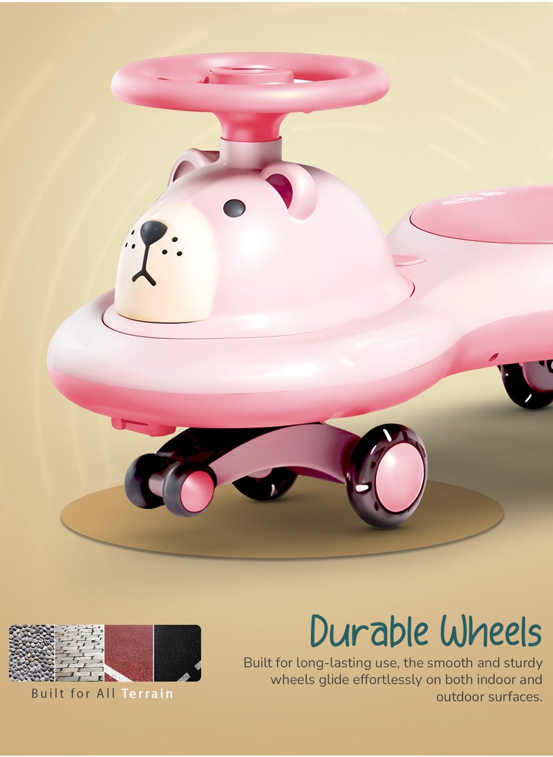 BAYBEE Lion Baby Swing Car for Kids, Ride on Car for Kids with Light & Music | Twisting Magic Car for Kids Children with Led Pu Wheels | Kids Car for Baby | Ride on Car for Kids 3 to 8 Years Boy Girl Pink  - Image 5