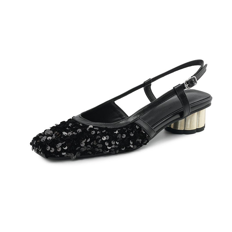 2024 Summer New Round Heel Sequins 32-43 Size Size Buckle Female Toe Empty Sandals - Image 1