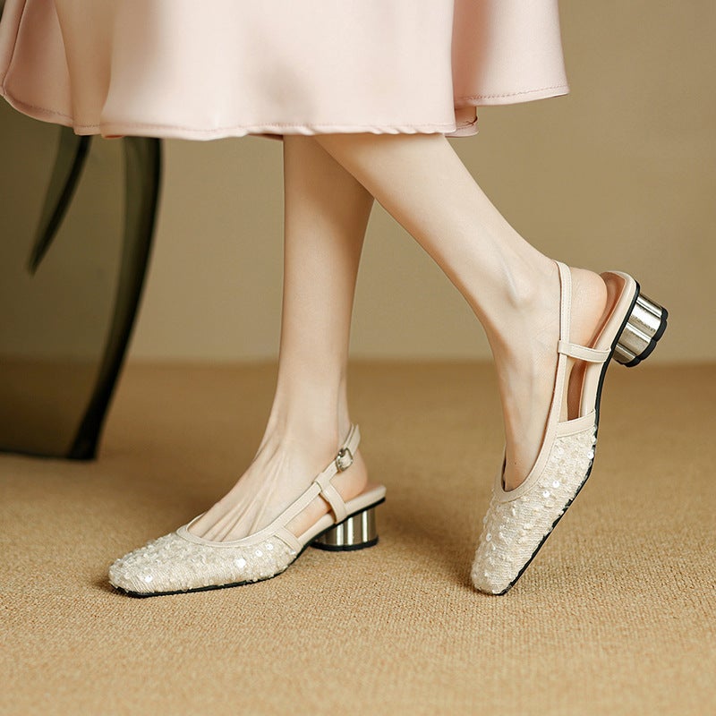 2024 Summer New Round Heel Sequins 32-43 Size Size Buckle Female Toe Empty Sandals - Image 2