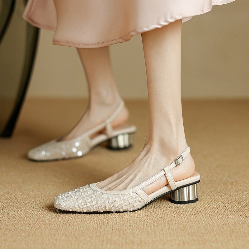 2024 Summer New Round Heel Sequins 32-43 Size Size Buckle Female Toe Empty Sandals - Image 5