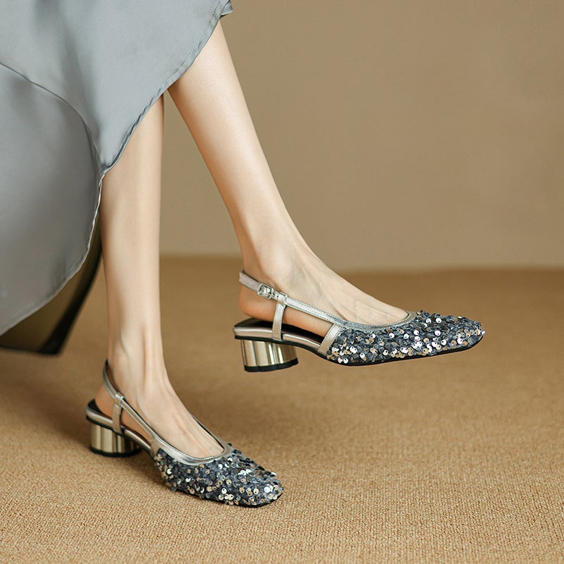 2024 Summer New Round Heel Sequins 32-43 Size Size Buckle Female Toe Empty Sandals - Image 3