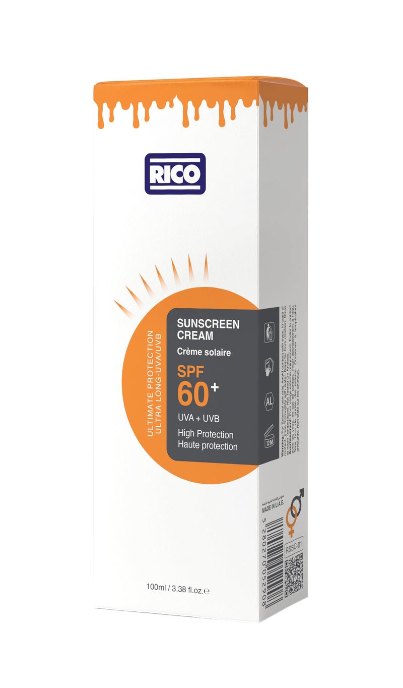 ريكو RICO Sunscreen Cream SPF 60, Broad-Spectrum with Vitamin E & Carrot Extract, No White Cast, 100 ml, All Skin Types - Image 3