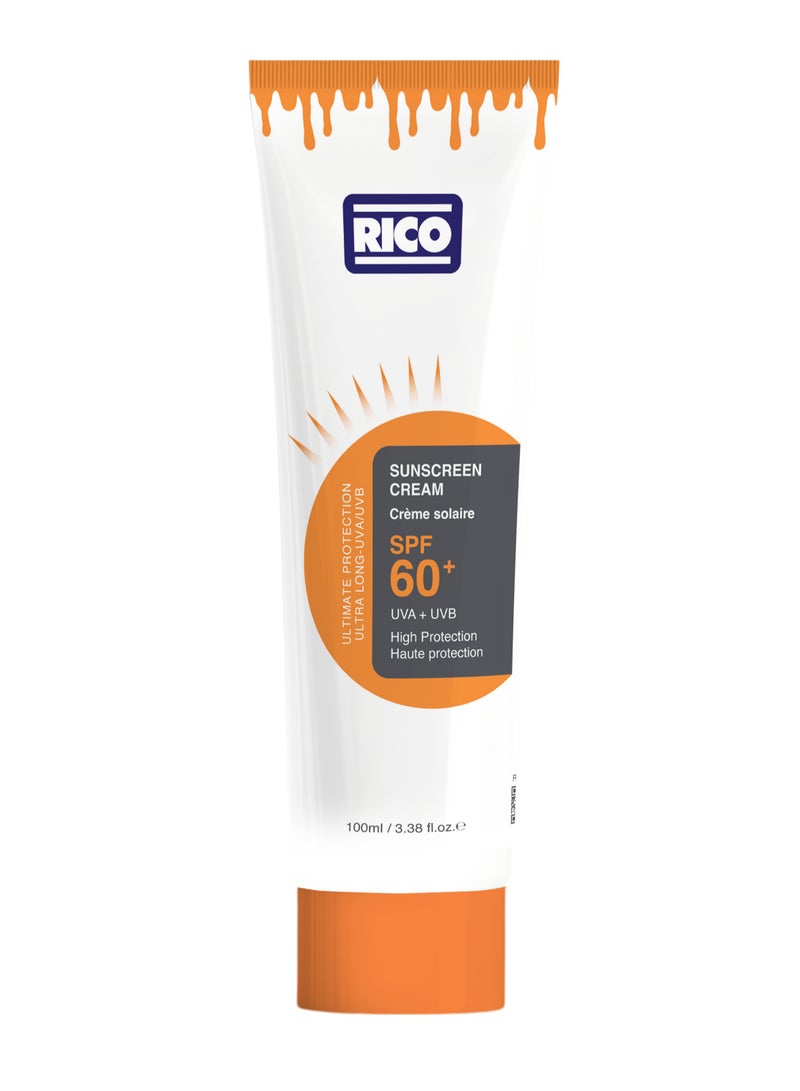 RICO Sunscreen Cream SPF 60, Broad-Spectrum with Vitamin E & Carrot Extract, No White Cast, 100 ml, All Skin Types - Image 1