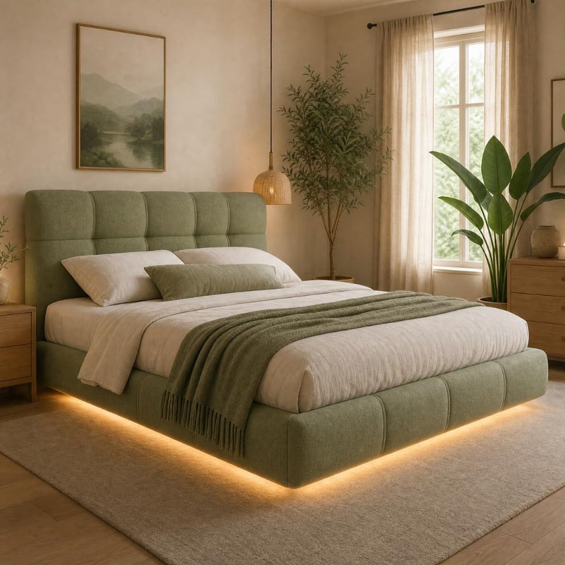 Modern Upholstered LED Floating Bed Frame with Tufted Headboard - Sage Green, Queen Size (160 x 200 cm with Medical Mattress) - Image 1