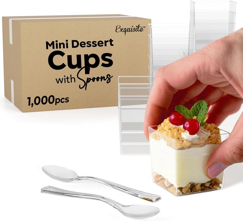 Exquisite Mini Dessert Cups With Spoons 1000 Pcs  36 Oz Square Plastic Dessert Cups Disposable With Tasting Spoons 500 Sets  Mini Parfait Cup  Appetizer Cup For Party - Image 1