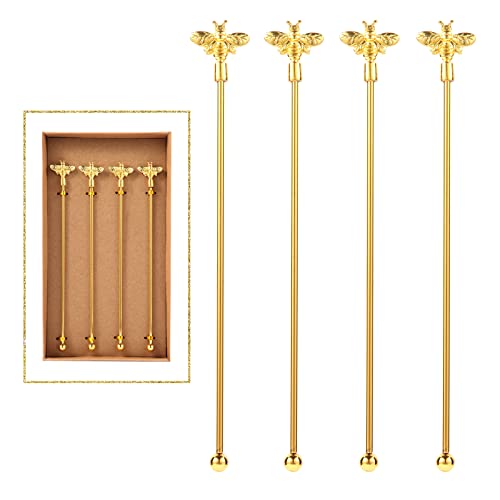 GaryVault 4Pcs Bumble Bee Cocktail Stirrers Swizzle Sticks Stainless Steel 7.5" Coffee Beverage Stir Sticks with Gold Decor Top for Mixing Cocktail, Hot Cocoa, Creamer - Image 1