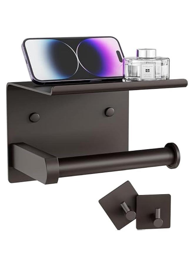 HOOKOR - Toilet Paper Holder with Phone Shelf + Towel Robe Hooks, Adhesive or Screw Wall Mounted Toilet Paper Roll Storage, Stainless Steel Bathroom Tissue Roll Holder (Black) - Image 1