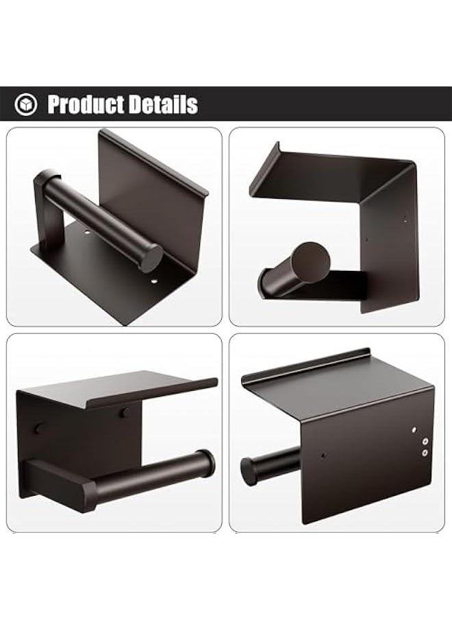 HOOKOR - Toilet Paper Holder with Phone Shelf + Towel Robe Hooks, Adhesive or Screw Wall Mounted Toilet Paper Roll Storage, Stainless Steel Bathroom Tissue Roll Holder (Black) - Image 1