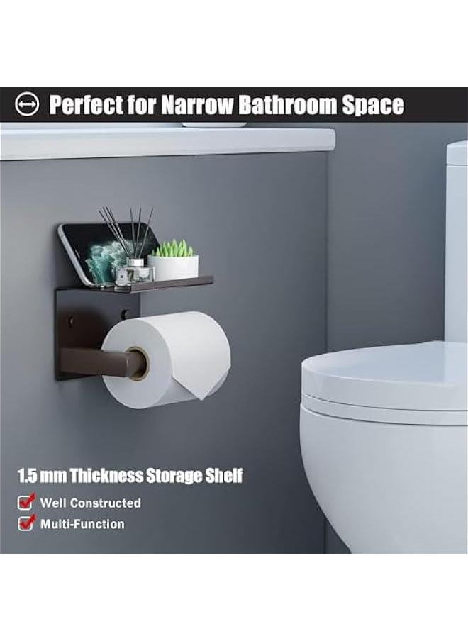 HOOKOR - Toilet Paper Holder with Phone Shelf + Towel Robe Hooks, Adhesive or Screw Wall Mounted Toilet Paper Roll Storage, Stainless Steel Bathroom Tissue Roll Holder (Black) - Image 1