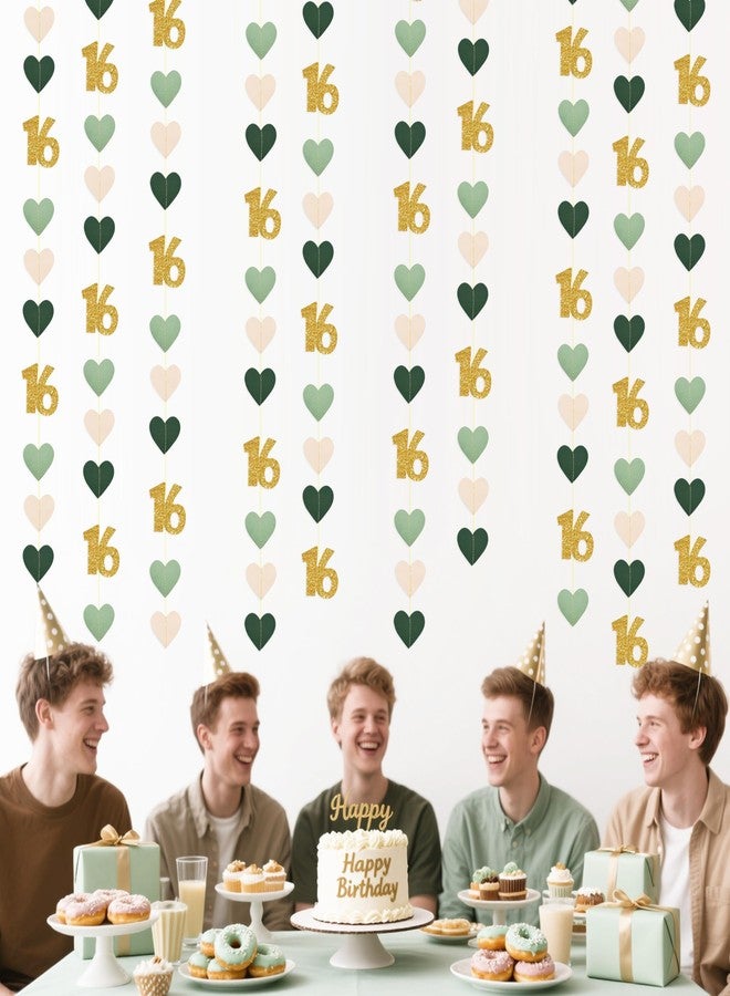 pinkblume Sage Green Gold 16th Birthday Decorations Sage Green Gold Heart Garland Streamer Banner Backdrop for Girls Happy 16th Birthday Sweet 16 Decorations Cheers to 16 Years Old Anniversary Party Supplies - Image 4