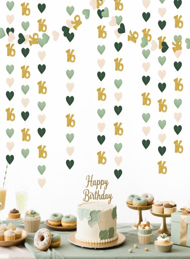 pinkblume Sage Green Gold 16th Birthday Decorations Sage Green Gold Heart Garland Streamer Banner Backdrop for Girls Happy 16th Birthday Sweet 16 Decorations Cheers to 16 Years Old Anniversary Party Supplies - Image 1