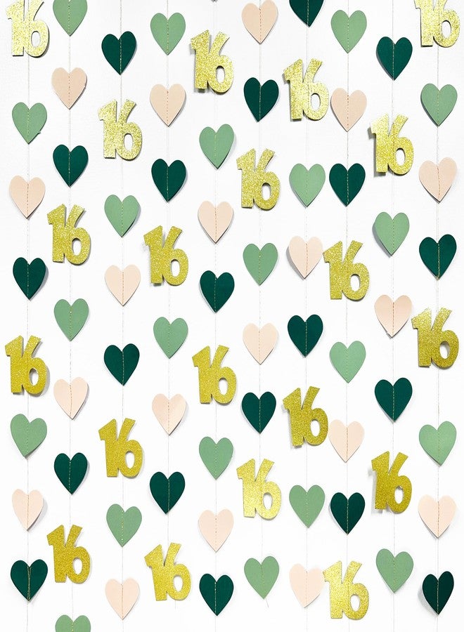 pinkblume Sage Green Gold 16th Birthday Decorations Sage Green Gold Heart Garland Streamer Banner Backdrop for Girls Happy 16th Birthday Sweet 16 Decorations Cheers to 16 Years Old Anniversary Party Supplies - Image 3