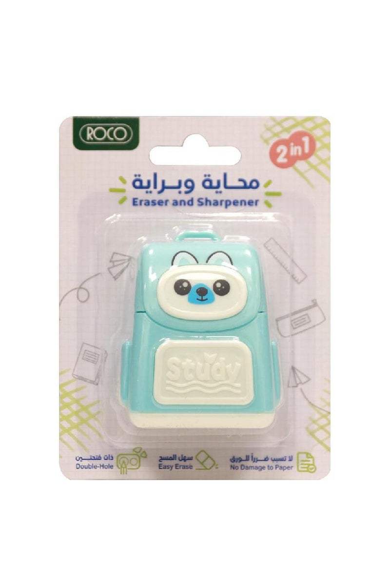 ROCO Rubber Eraser School Bag Design with Single Hole Sharpener Blue