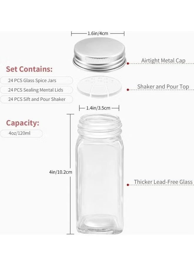 Haidue - 24-Piece Glass Spice Jar Set with Airtight Metal Caps - 120ml（4.06oz） Empty Square Spice Containers with Shaker Lids, Labels, 2Silicone Collapsible Funnel  2Sponge Brush  White board Pen Included Multicolour 120ml（4.06oz) - Image 1