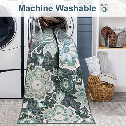 Beeiva Floral 2x6 Washable Runner, Hallway Runner Rugs with Rubber Backing, Non Slip Ultra Thin Lightweight Kitchen Rug for Bedroom Entryway Laundry Room(Blue,2'x6') - Image 4