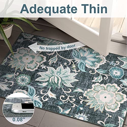 Beeiva Floral 2x6 Washable Runner, Hallway Runner Rugs with Rubber Backing, Non Slip Ultra Thin Lightweight Kitchen Rug for Bedroom Entryway Laundry Room(Blue,2'x6') - Image 3
