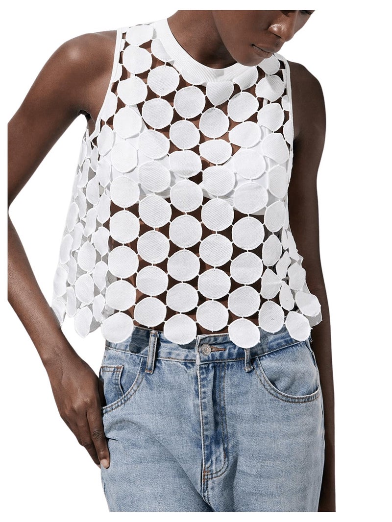 SHENHE Women's Sheer Tank Tops See Through Polka Dots Asymmetrical Top 2026 Summer Sleeveless Shirts White Medium - Image 1