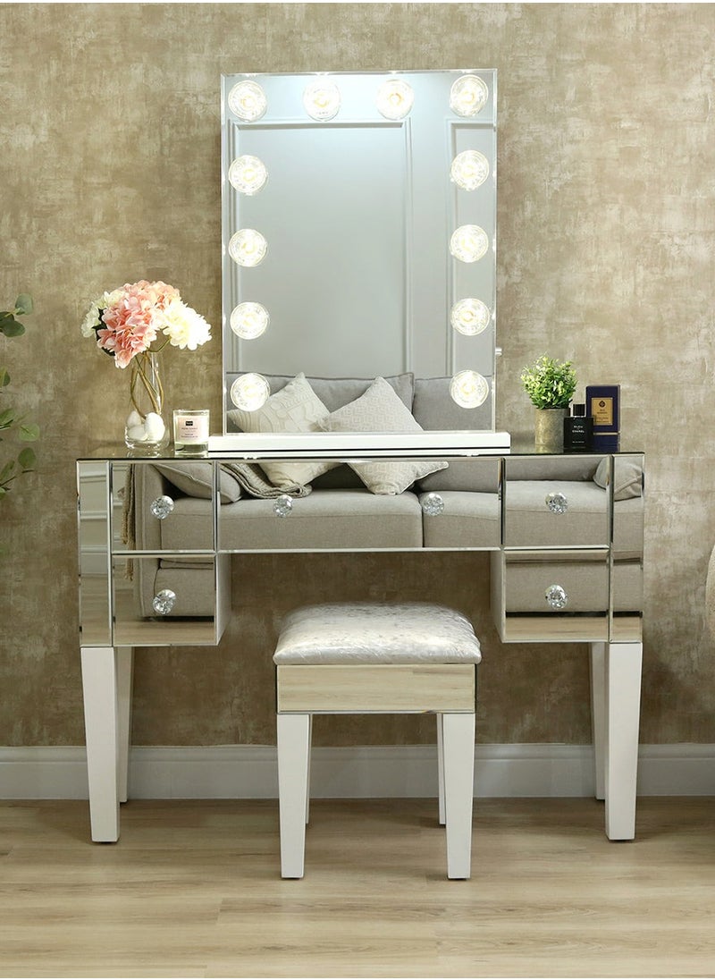 VANITY LIVING VANITY LIVING Dressing Table Set, Hollywood Mirror with 12 Dimmable LED Makeup Lights + 5 Drawers Modern Mirrored Dressing Table and Stool for Bedroom Furniture  - Image 1