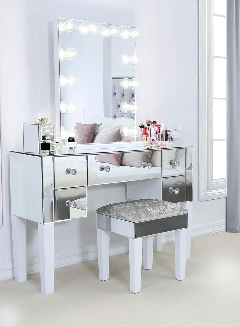 مجموعة طاولة الزينة VANITY LIVING، مرآة هوليوود مع 12 مصباح مكياج LED قابل للتعتيم + 5 أدراج منضدة الزينة الحديثة ذات المرايا ومقعد لأثاث غرفة النوم