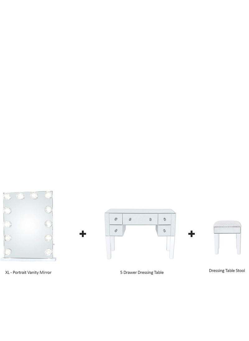 VANITY LIVING VANITY LIVING Dressing Table Set, Hollywood Mirror with 12 Dimmable LED Makeup Lights + 5 Drawers Modern Mirrored Dressing Table and Stool for Bedroom Furniture  - Image 4