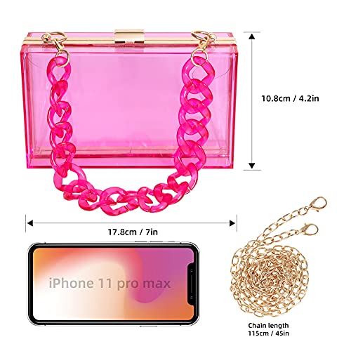 WJCD Women Clear Purse Acrylic Box Clutch Handbag, Small Transparent Crossbody Evening Bag Stadium Approved Gold Chain Strap (Purple 2 chains) - Image 2