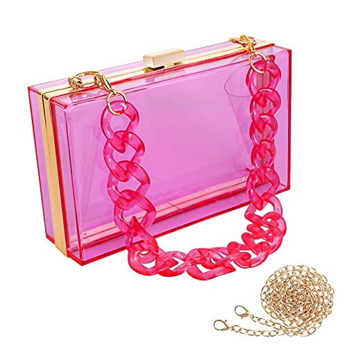 WJCD Women Clear Purse Acrylic Box Clutch Handbag, Small Transparent Crossbody Evening Bag Stadium Approved Gold Chain Strap (Purple 2 chains) - Image 1