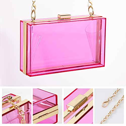 WJCD Women Clear Purse Acrylic Box Clutch Handbag, Small Transparent Crossbody Evening Bag Stadium Approved Gold Chain Strap (Purple 2 chains) - Image 3