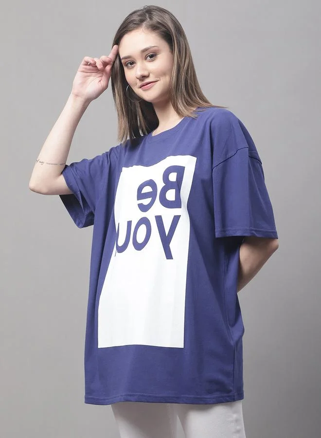 Styli Women Navy Blue Oversized Graphic Print T-Shirt By Door74