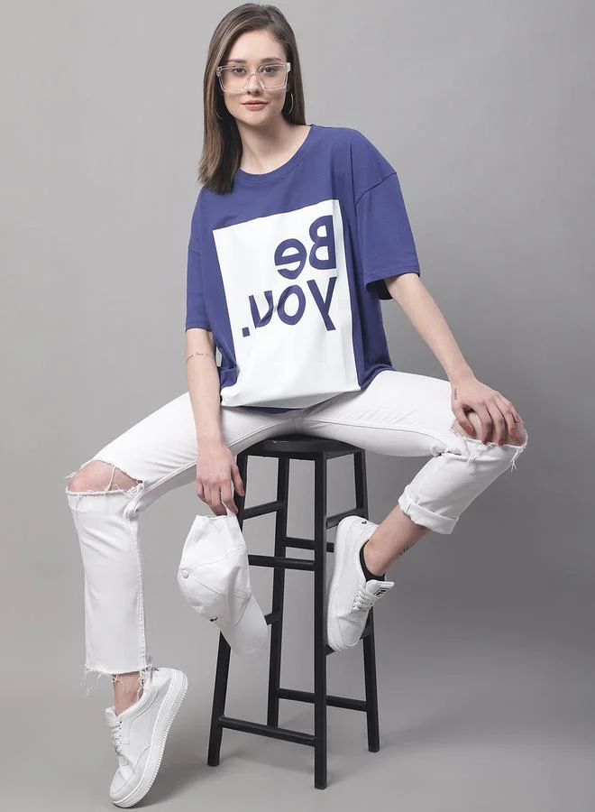 Styli Women Navy Blue Oversized Graphic Print T-Shirt By Door74